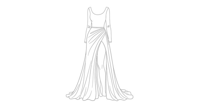 Elegant long sleeve gown with high slit dress fashion illustration design sketch