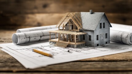 Building a house model on blueprints for a construction project during a creative session in a workshop