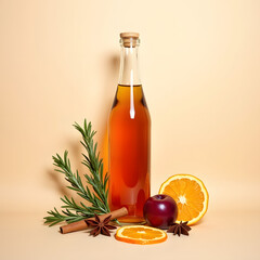 Bottle of amber liquid with spices and fruit for autumn drinks