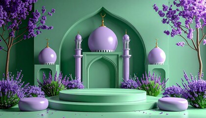 Elegant teal and  Islamic display stage with arches, pillars, perfect for festive events.