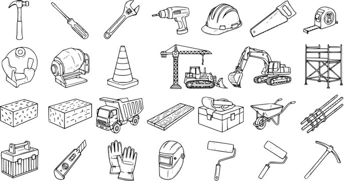 Detailed line art collection of construction tools and heavy machinery equipment, featuring various building and renovation elements.