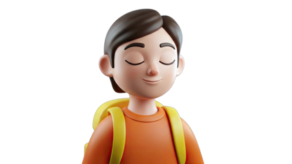 Young Boy With Closed Eyes And Backpack Wearing Orange Sweater In Studio Lighting Transparent Background