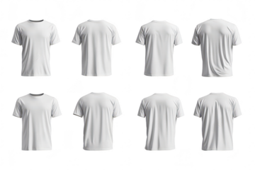 A collection of plain white t-shirts displayed from multiple angles. their design and fit. ideal for apparel mockups or fashion catalogs. with a clean white background