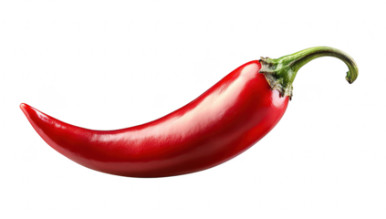 A red chili pepper lying on a clean white surface. its glossy texture and curved shape. ideal for culinary presentations and food-related content