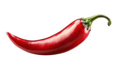 Acrylglasbilder Scharfe Chili-pfeffer A red chili pepper lying on a clean white surface. its glossy texture and curved shape. ideal for culinary presentations and food-related content  © kageyama