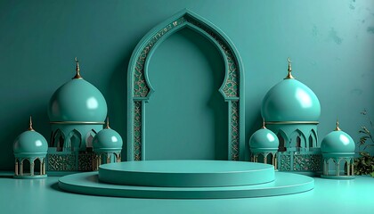 Elegant teal and  Islamic display stage with arches, pillars, perfect for festive events.