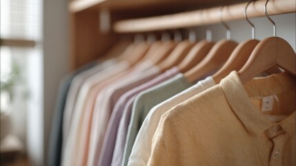 Row of wooden clothes hangers hanging on a wooden rack in a closet. the hangers are arranged in a neat and orderly manner, with each hanger having a different color of shirt hanging on it.