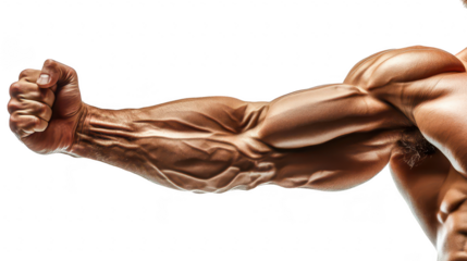 A close-up shot of a muscular arm defined veins and muscular structure. set against a plain white background. ideal for fitness and bodybuilding themes