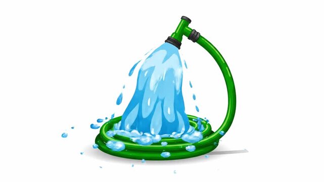 Green garden hose with flowing water, cartoon style illustration against a plain white background, perfect for depicting gardening, irrigation, and summer concepts.