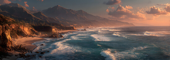 This is Route 1also known as the Pacific Coast Highway. The road is situated next to the ocean with the mountains in the distance. The road goes off into infinity into the sunset.