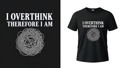 I overthink therefore i am design with tangled knot pattern on black tee shirt