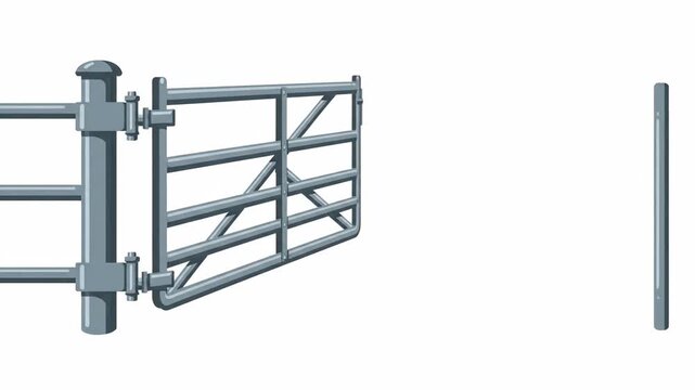 Metal farm gate, featuring horizontal bars and a diagonal brace, open and set against a clean white background with a gate post for closure.
