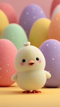 Un adorable pollito blanco rodeado de coloridos huevos de Pascua.