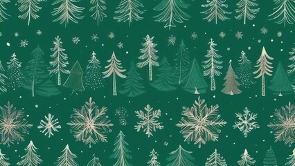 Christmas tree seamless pattern in a snowy winter forest for holiday design. Christmas tree background with trees in a snowy winter landscape for holiday and New Year decoration. 