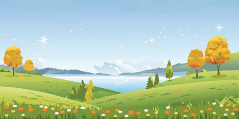 A serene landscape featuring lush green hills a calm lake and golden © MAYENUDDIN