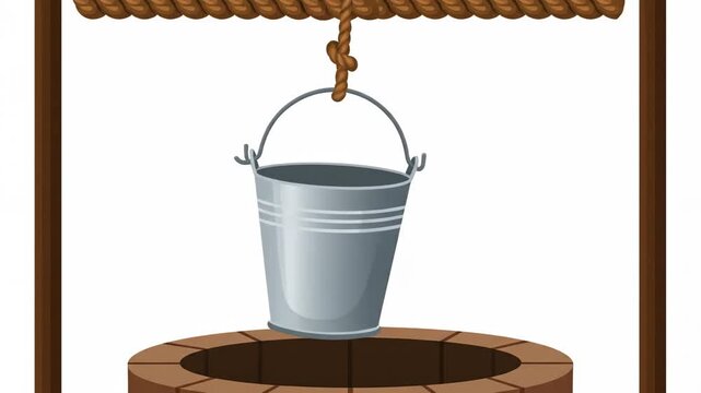 Water well with a metal bucket hanging from a rope, illustration of a vintage water source on a white background.
