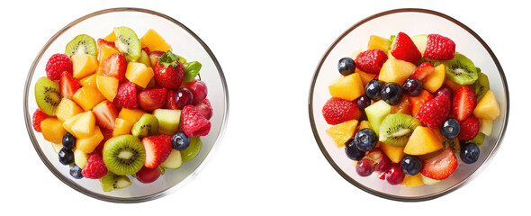 A and colorful fruit salad featuring a mix of fresh strawberries. blueberries. kiwi. cantaloupe. and honeydew. beautifully arranged in a clear glass bowl on a white background