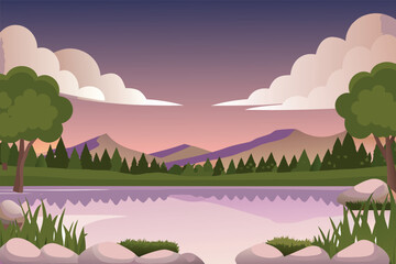 Fototapeta premium A scenic landscape featuring mountains trees water and a colorful sunset sky
