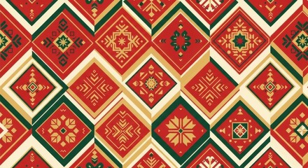 Intricate geometric diamond pattern with traditional folk art motifs in vibrant red green and gold colors creating a festive and ornate textile design