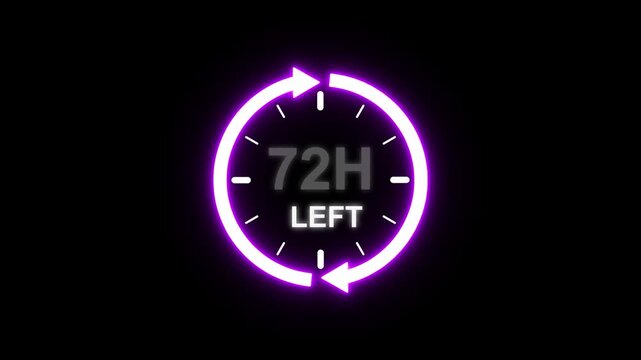 24 hours clock with circle arrow and the numbers 72 Hour left. video animation on alpha channel background, Clock timer, time passage waiting time animation (4K).
