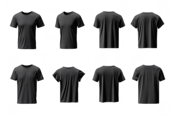 A collection of black t-shirts displayed from various angles on a clean. white background. versatility for casual wear. ideal for fashion retailers or online clothing catalogs