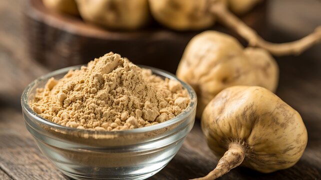 Maca powder in a glass bowl with fresh organic maca roots on a rustic wooden table, highlighting healthy superfood ingredients for energy and wellness