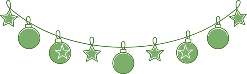 Luxury green christmas garland banner vector template; Minimalist line art baubles decoration; Hanging background