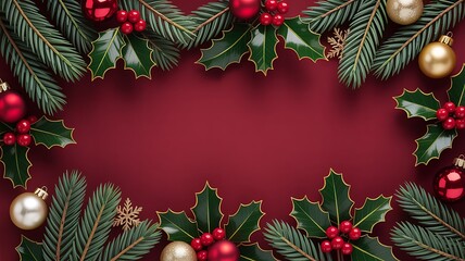 Festive christmas holiday frame featuring lush fir branches, vibrant red holly berries, and shiny gold and red baubles on a rich ruby background.
