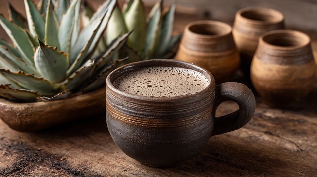 Mexican pulque beverage a clay cup with foam on top surrounded by agave plants and jicara cups on a rustic background