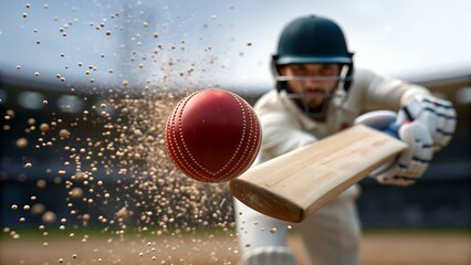 Experience the thrill of cricket with a powerful swing hitting a red cricket ball