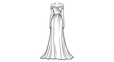 Line art illustration showcasing a flowing off-the-shoulder gown, a symbol of elegance and