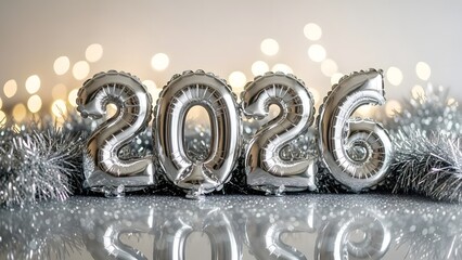 Silver 2026 balloons with bokeh lights for new year celebration
