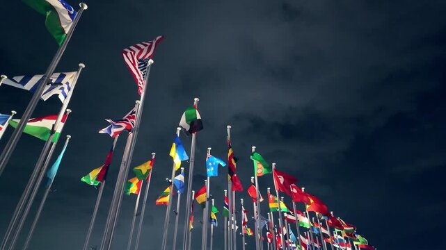 Flags of all nations fluttering in the wind