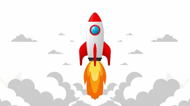 Rocket taking off with a fiery plume against a backdrop of clouds, showcasing a concept of startup, innovation, and reaching for the sky, digitally created.