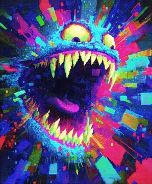 Una criatura monstruosa con una expresi&oacute;n amenazante, envuelta en un torbellino de colores vibrantes y distorsionados.
