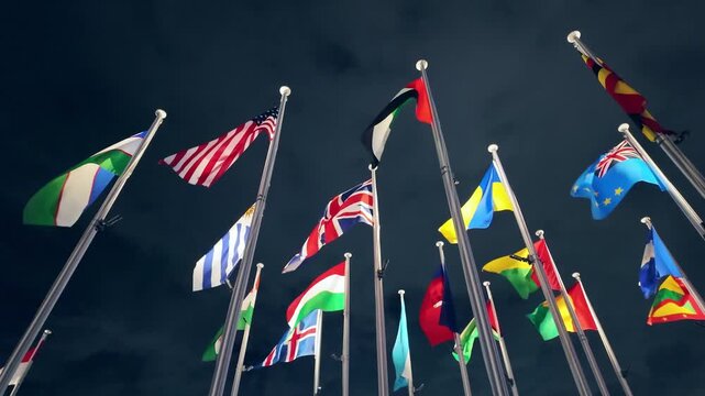 Flags of all nations fluttering in the wind