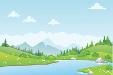 Obraz premium a cheerful landscape with green hills blue river and fluffy white clouds