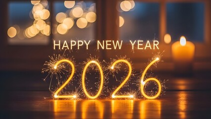 Sparkling 2026 new year celebration with bokeh and candlelight