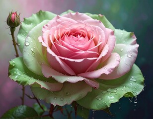 Close-up of a vibrant pink rose in full bloom, surrounded by pale green petals, with a single bud and water droplets