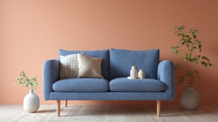 Modern living room with a blue sofa against an orange wall. the sofa has a wooden frame and is upholstered in a light blue fabric. there are two white throw pillows on the sofa, one on each side.