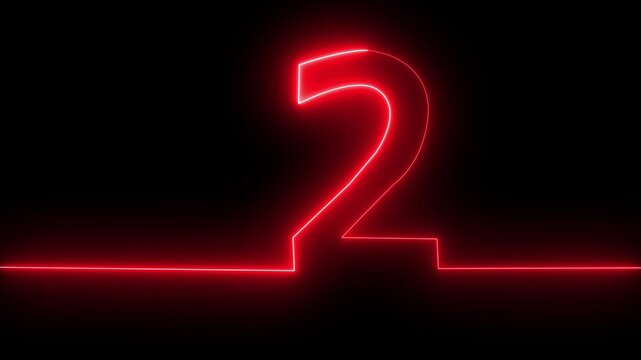 Number 2 text icon animation glowing neon red color digit countdown anniversary template sign symbol on black background. Neon number 2