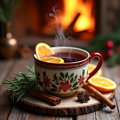 Cozy winter evening with hot spiced drink by a fireplace