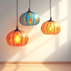 Three decorative moroccan style hanging pendant lamps casting warm light
