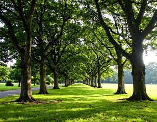 Fototapeta premium A linear perspective view featuring a long avenue of mature deciduous trees casting shadows upon the lawn below