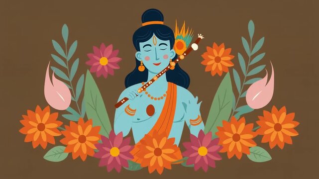 Illustration of Lord Krishna surrounded by vibrant flowers and foliage with a flute