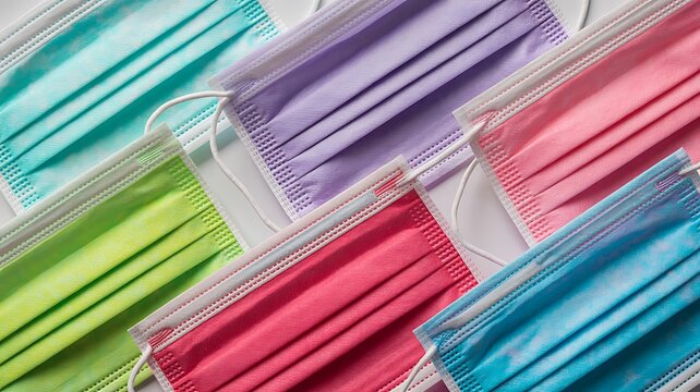 Vibrant assortment of disposable surgical face masks in various pastel colors arranged diagonally on a clean background, symbolizing health, safety, and protection.