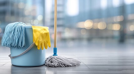 Mop and cleaning supplies ready for use in a modern office setting during daytime