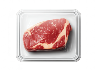 A raw. marbled ribeye steak placed in a clear plastic packaging. its rich red color and white fat. ideal for culinary presentations or food-related stock imagery