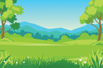 Obraz premium a peaceful landscape featuring green fields blue mountains and lush trees high quality