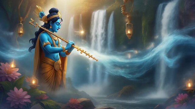 Digital illustration of Lord Krishna playing a flute in a mystical forest with a waterfall, surrounded by candles and flowers with a serene and spiritual mood.